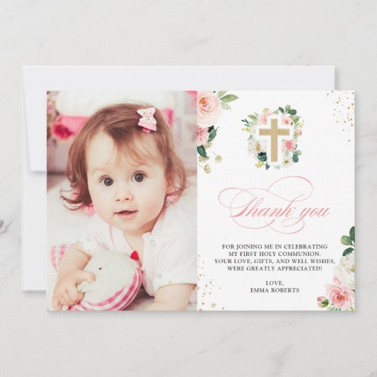 Eerste communiqué Baptisme Religieuze Blush Pink G Bedankkaart (Voorkant)