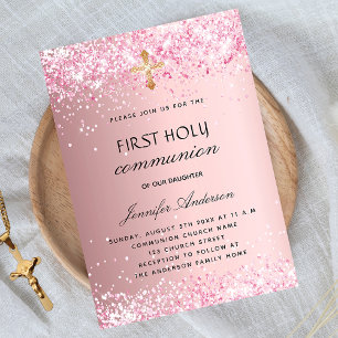 Eerste communiqué blush roze glitter girl uitnodiging briefkaart