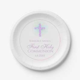 Eerste communiqué Floral Cross Lavender Monogramme Papieren Bordje