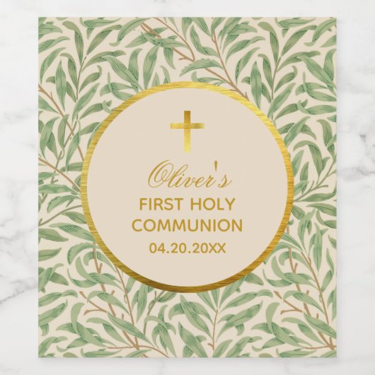 Eerste communiqué groene bladeren Morris faux Gold Wijn Etiket (Enkel label)