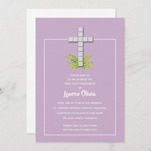 Eerste communiqué-kruis over lavender-uitnodiginge (Voorkant / Achterkant)