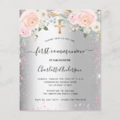 Eerste communiqué meisje zilverroze florale uitnod (Voorkant)