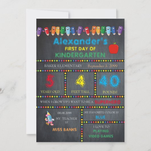 Eerste dag Kindergarten-kaart BOY, Chalkboard Aankondiging (Voorkant)