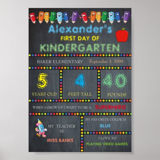 Eerste dag van de Kindergarten Sign BOY, Chalkboar Poster (Voorkant)