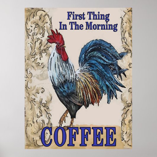 eerste ding, koffie, blauwe hennen poster (Voorkant)