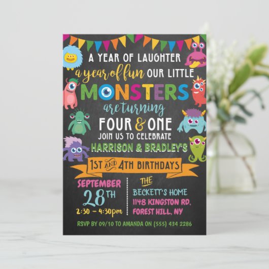 Eerste en vierde verjaardag van het kleine Monster Kaart (Staand voorkant)