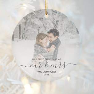 Eerste gehuwde Kerstmis Aangepast Foto Grijs Manus Keramisch Ornament