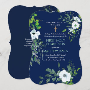EERSTE H. Communie bloemen navy met tekst Kaart