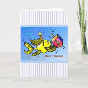 Eerste Hanukkah grappige vis met droidel CARD Feestdagen Kaart