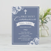 Eerste Heilige Commune  Blauwe Floral Kaart (Staand voorkant)