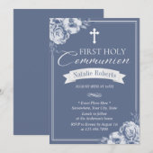 Eerste Heilige Commune  Blauwe Floral Kaart (Voorkant / Achterkant)