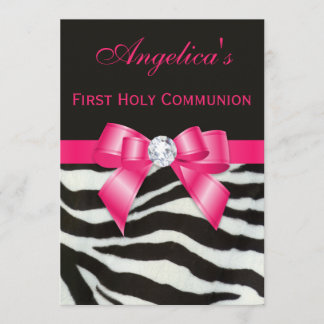 Eerste Heilige Commune Zebra Stripes Hot Pink Bow Kaart