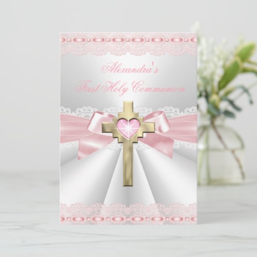 Eerste Heilige Communie 1ste Goudkruis Roze 2 Kaart (Staand voorkant)