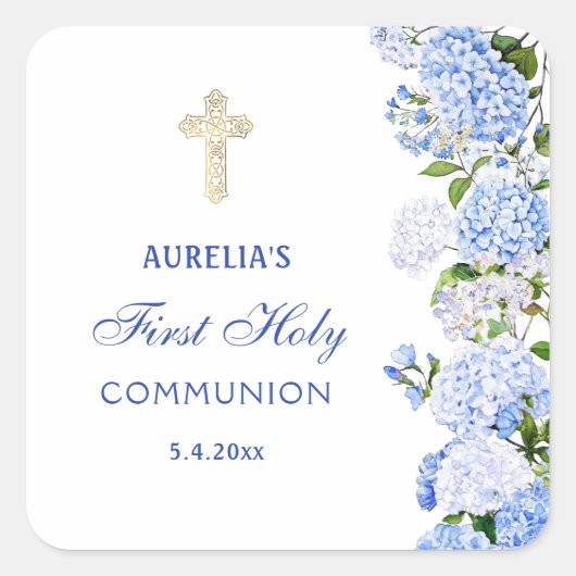 Eerste Heilige Communie Blauwe Hortensia Vierkante Sticker (Voorkant)