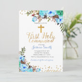 Eerste Heilige Communie Blauwe Uitnodiging Jongen (Staand voorkant)