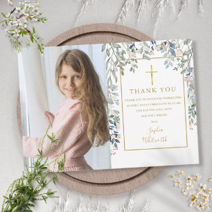 Eerste Heilige Communie Bloemen Foliage Foto Bedankkaart