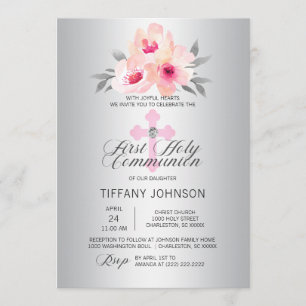 Eerste Heilige Communie Bloemen Roze Kruis MEISJE  Kaart