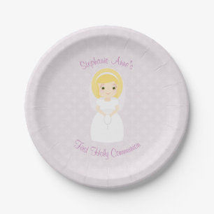 Eerste Heilige Communie Blonde Girl Papieren Bordje