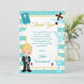 Eerste Heilige Communie Blonde Jongen Met Blauwe S Bedankkaart (Staand voorkant)