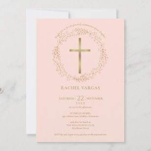 Eerste Heilige Communie Blush Pink Gold Cross Flor Kaart