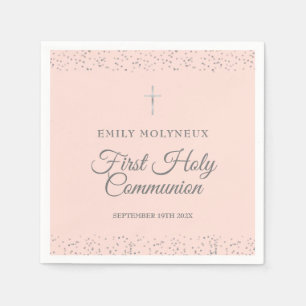 Eerste Heilige Communie Blush Roze Zilveren Sterre Servet