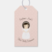 Eerste Heilige Communie Brunette Girl Cadeaulabel (Voorkant)