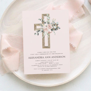Eerste Heilige Communie Dusty Pink Rose Greenery Kaart