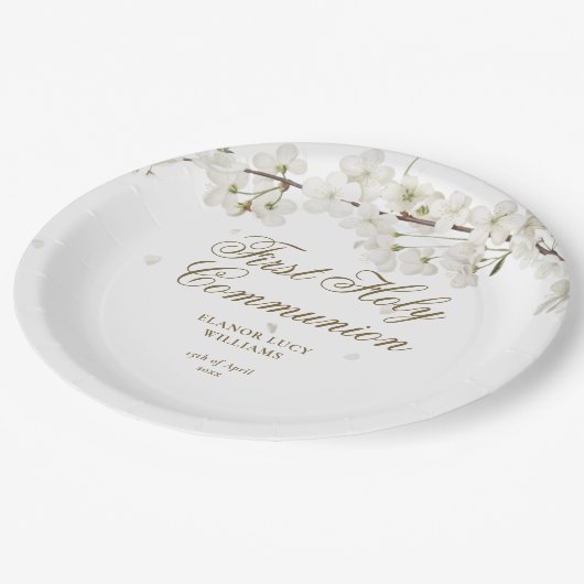 Eerste Heilige Communie Elegante Witte Bloesem Blo Papieren Bordje (Gekanteld)