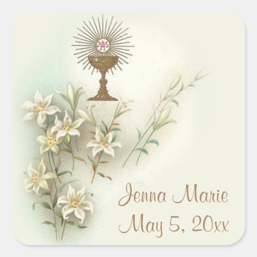 Eerste Heilige Communie Eucharistiebloemen Vierkante Sticker (Voorkant)