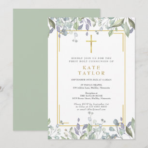 Eerste Heilige Communie Floral Greenery Gold Cross Kaart