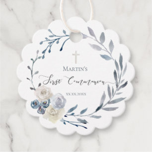 Eerste Heilige Communie florale stoffige blauwe ba Bedankjes Labels