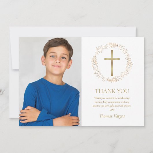 Eerste Heilige Communie Gouden Bloemenslingering F Bedankkaart (Voorkant)
