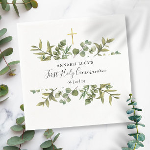 Eerste Heilige Communie Gouden Kruis Groene Decora Servet