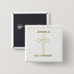 Eerste Heilige Communie Gouden Kruis met Eigen Naa Vierkante Button 5,1 Cm