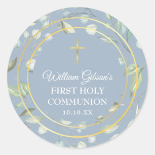 Eerste Heilige Communie Greenery Gold Cross Blue Ronde Sticker