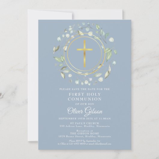 Eerste Heilige Communie Greenery Gold Cross Blue Save The Date (Voorkant)