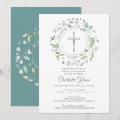 Eerste Heilige Communie Greenery Silver Cross Kaart (Voorkant / Achterkant)