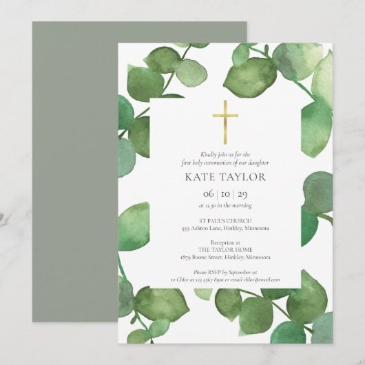 Eerste Heilige Communie Groene Begroeiing Eucalypt Kaart (Voorkant / Achterkant)