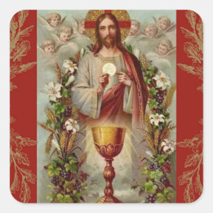 Eerste Heilige Communie Jezus Kelk Bloemen Vierkante Sticker