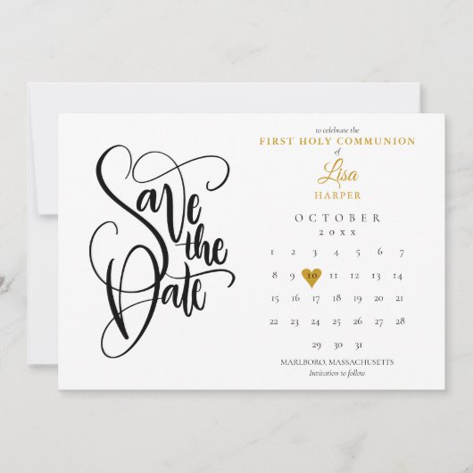 Eerste Heilige Communie Kalender Gouden Hart Save The Date (Voorkant)