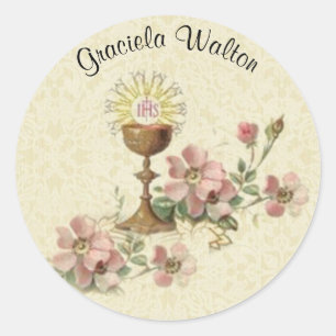 Eerste Heilige Communie Kelk Bloemen Herdenking Ronde Sticker