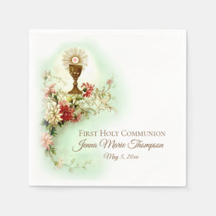Eerste Heilige Communie Kelk Host Bloemen Antiek Servet