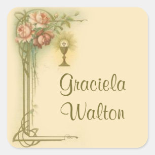 Eerste Heilige Communie Kelk Rozen Herdenking Vierkante Sticker