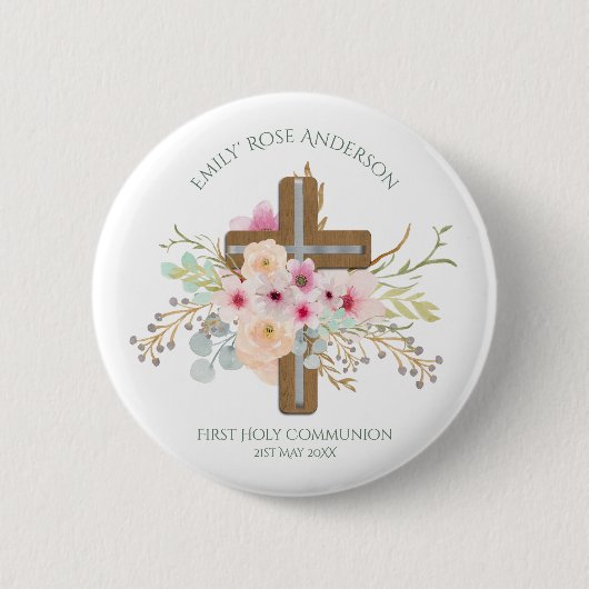 Eerste Heilige Communie meisjes Bloemenkruis Perso Ronde Button 5,7 Cm (Voorkant)
