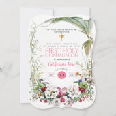 Eerste Heilige Communie Meisjes Roze Bloem Uitnodi Kaart (Voorkant)