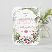 Eerste Heilige Communie Meisjes Roze Bloem Uitnodi Kaart (Staand voorkant)