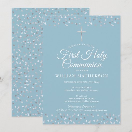 Eerste Heilige Communie Modern Silver Hearts Kaart (Voorkant / Achterkant)