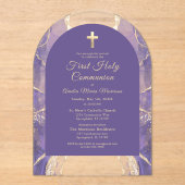 Eerste Heilige Communie Paarse Gouden Agaat Elegan Acryl Uitnodigingen (Voorkant)