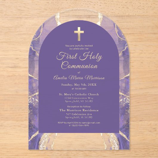 Eerste Heilige Communie Paarse Gouden Agaat Elegan Acryl Uitnodigingen (Voorkant)