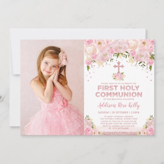 Eerste Heilige Communie Roos Gouden Roze Bloemen Kaart (Voorkant)